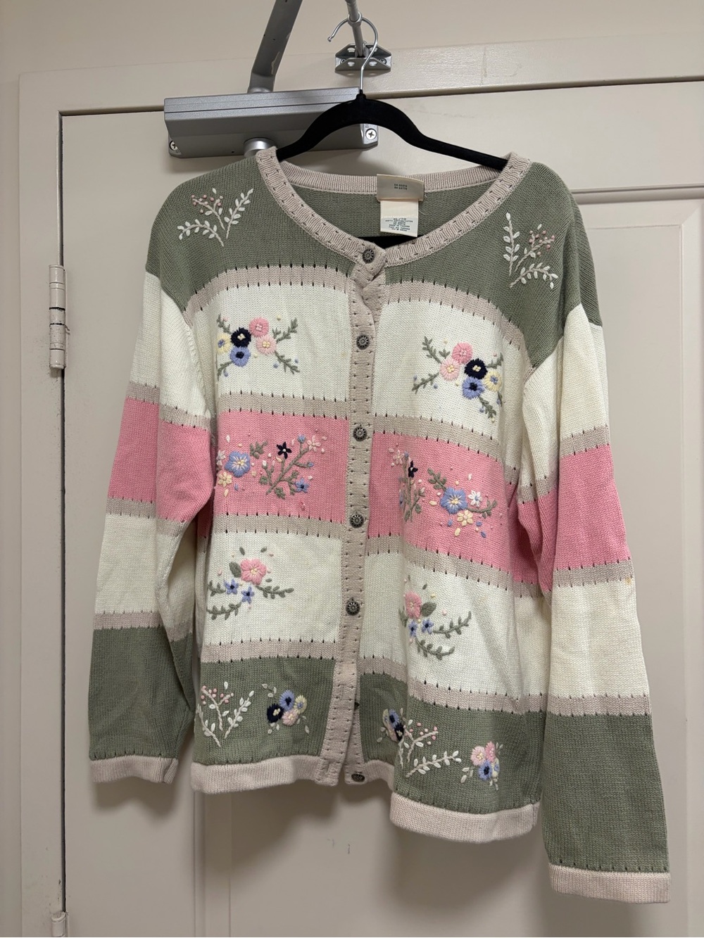 Northern Reflections Pink, Cream & Sage Embroidered Button-Front Cardigan